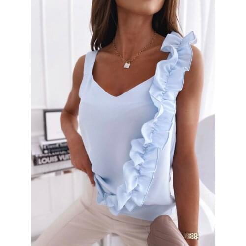 Simple Sleeveless Tanks Women Blouses Ruffle V-neck Solid Casual Slim Tops 2021 Summer Clothes Blusas Traf Y2k Streetwear Shirts