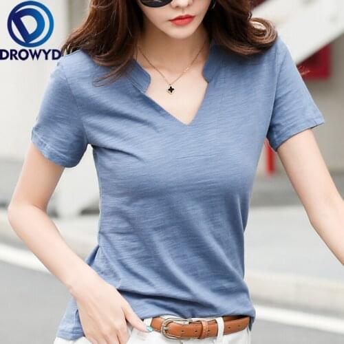 Women Harajuku White T-shirt Summer Brand Cotton T Shirts Female V-Neck Short Sleeve Tshirts Casual Loose Simple Solid Tees Tops