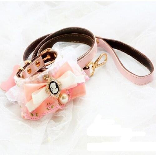Pink Girl Heart Dog Collar Leash Sets Lace Bow Scarf Neckerchief Cat Dog Accessories Pet Necklace Maltese Poodle Chihuahua