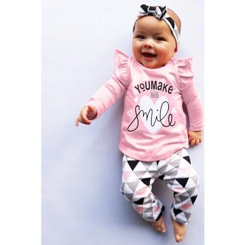 3 Pieces Newborn Baby Girl Clothing Sets Letter Printing You Make Me Smile Tops+Geometric Pants+Headband Infant Girls Outfit Set