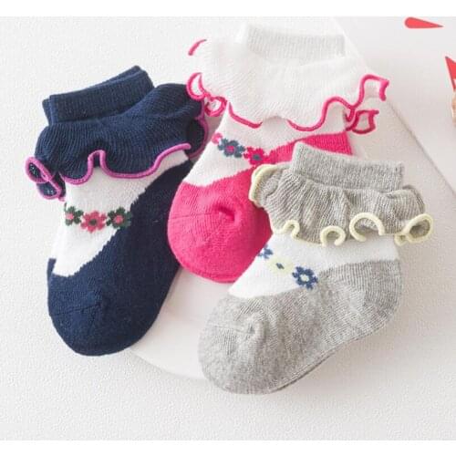 Lovely cozy newborn baby girls ankle socks rose/ink/grey rufffles lace princess socks cotton floral embroidery children socks