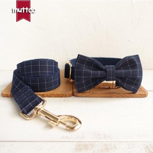 MUTTCO retailing cool plaid collar handmade THE DEEP BLUE PLAID 5 sizes dog collar with bow tie UDC021J