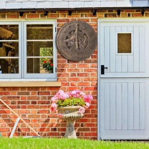 12'' Retro Resin Hanging Wall Clock Attached Thermometer Indoor or Outdoor Sun Moon Look Hotel Shops Cafe Garden Pond