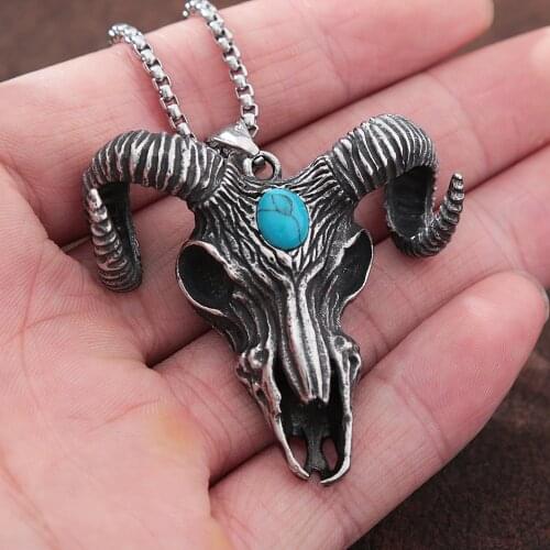 Gothic Satan Skull Pendant Necklace Punk Stainless Steel Biker Animal Skull Sheep Necklace Mens Chain Fashion Jewelry