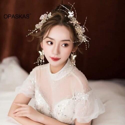 Headband Earrings Set Korean Style Faux Pearl Handmade Pomadet Butterfly Barrette Wedding Bride Headdress PT