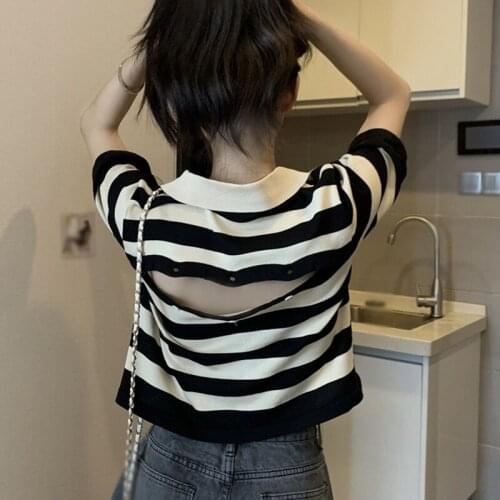 Polos Shirt Casual Chiffon Shirt Lapel 2021 Summer Striped Pattern Short-Sleeved TShirt Style Tops Womens Clothing