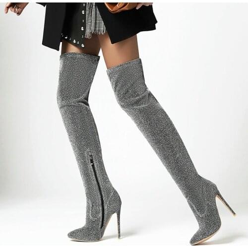 2021 Spring Autumn Fashion Glitter Womens Thigh Boots Comfortable Stretch Pointed Toe Boots Ladies Sexy Stiletto Winter Shoes