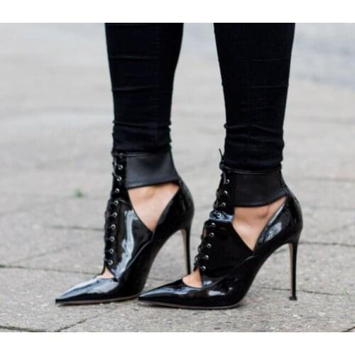 Black Patent Leather Women Lace Up Pumps Ankle Wrap Female Sexy Stiletto Cut Out Style Ladies Pointy Toe High Heels