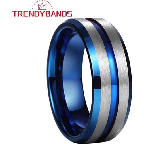 Tungsten Rings For Men Women Wedding Band 8MM Blue Center Grooved Beveled Edges Matte Finish Comfort Fit