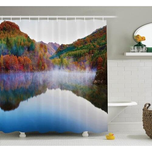 Lake House Shower Curtain Magical Lake and Mountain Landscape in The Autumn Fall Heavenly Spaces in The Earth Bathroom Curtains