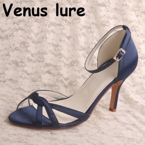 Women Shoes Heels High Summer Sandals Navy Satin with Ankle Strap