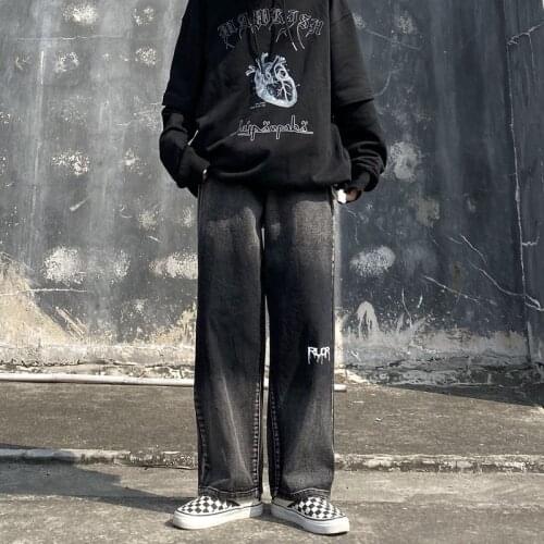 QWEEK Gothic Streetwear Tie Dye Black Jeans Women Korean Fashion Punk Wide Leg Denim Pants Hip Hop Grunge Style Trousers Female