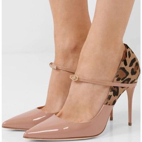 Leopard Patchwork Women Pumps Stilettos Buckle Strap Super High Thin Heels Pointed Toe Large Size 11 15 Dress Footwear Concise