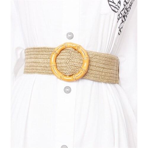 2020 Women Vintage PP Straw Knitted Wide Dress Belts For Female Elastic Round Square Bamboo Joint Buckle Decorative Braided Belt