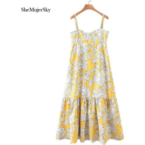 SheMujerSky Women Yellow Midi Dress Summer White Floral Print A-line Dresses 2020 Sleeveless Dress vestidos