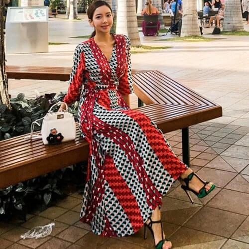 SHTONGHUA New Fashion Boho Maxi Chiffon Summer Dress 2019 Elegant Women Printed Tie Bow Holiday Beach Dress Vintage Long Dresses
