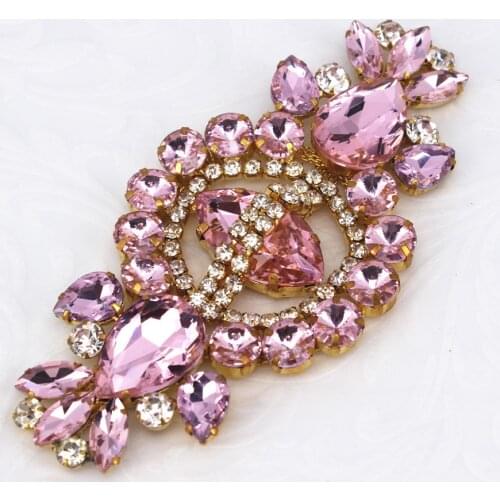 1PCS Cute Pink Rhinestone Applique for women evening dress sew on metal crystal patch for wedding dress garment shoes decoration