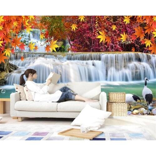 Beibehang High quality fashion personality wallpaper red leaves waterfall white crane TV bedroom background wall 3d wallpaper