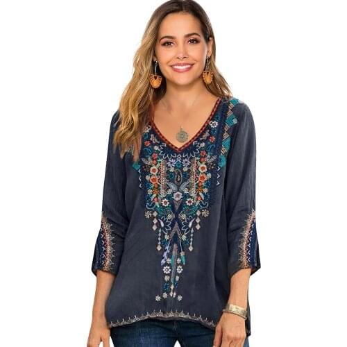 Le Luz Boho Embroidery Blouses Shirt Cotton Spring Autumn Vintage Plus Size Mexican Shirt Long Sleeve 3xl Women Ethnic Top 2021