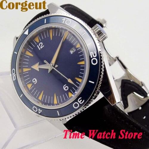 Corgeut 41mm NH35/NH35A Automatic Mens Watch Sapphire Blue Dial Date Window Ceramic Rotating Bezel Screw Crown Leather Strap