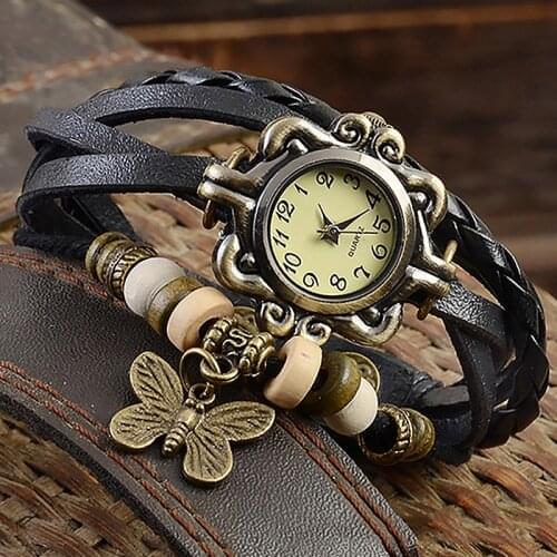 Womens Casual Vintage Multilayer Butterfly Faux Leather Bracelet Wrist Watch Ladies Female Clock Montre Femme Relogios
