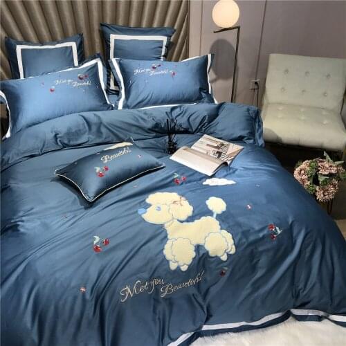 Lovely Dog 80S Egyptian cotton Embroidered Bedding sets Queen King Princess Duvet cover Bed sheet set Pillowcase 4/6pc Blue