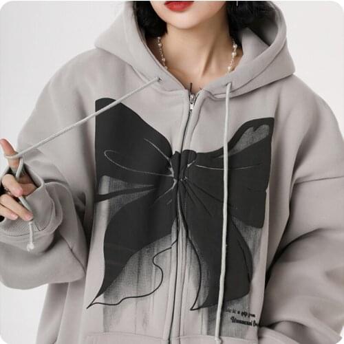 Y2k pink Fashion Harajuku Sweatshirt Oversized Butterfly Graphic Zip Up Hoodies E-girl 90s Streetwear Grey Long Jacket Autumn