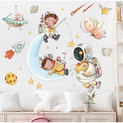Cartoon Astronaut Moon Wall Stickers Kids Room Baby Bedroom Decor Wall Decals PVC Nursery Stickers Home Decoration Wallpaper
