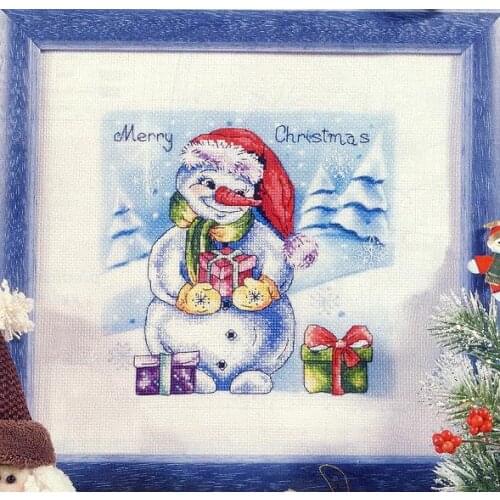 Gold Colletcion Cute Counted Cross Stitch Kit Merry Christmas Snowman Snow Man and Gift Winter Holiday Xmas
