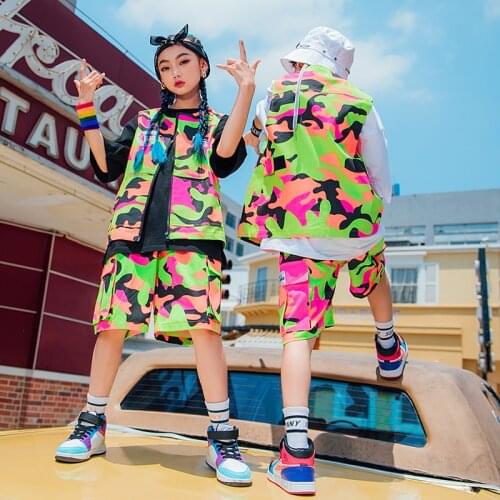 ChildrenS Day New Summer Hip-Hop Dance Costumes For Kids Fluorescent Camouflage Vest Shorts Suit Jazz Street Dance Wear DQS7061