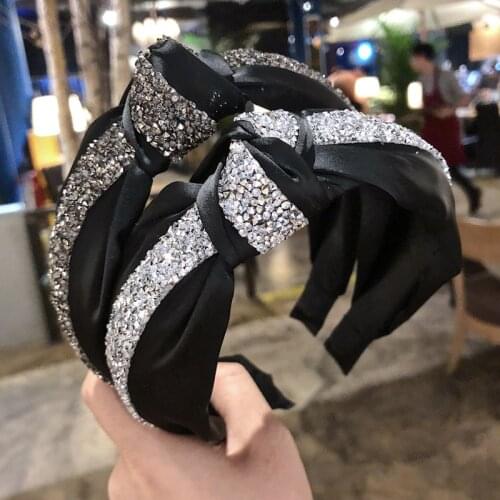 Diamond Knotted Hairband Crystal Rhinestone Headband for Women Solid Satin Hairbands Hair Accessories Boutique Bezel Hair Hoop