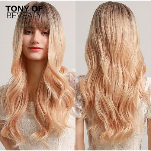 Long Wavy Ombre Brown to Blonde Synthetic Hair Wigs With Bangs Heat Resistant Natural Wigs for Afro Women Cosplay Fashion Wigs