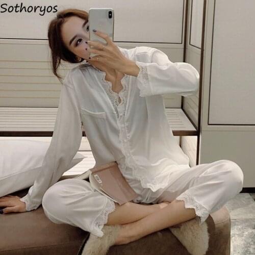 Pajama Sets Women Spring Long Sleeve V-neck Satin Lace Black Sexy Thin Womens Silk Slip Elegant Stylish Solid 2pcs Korean Style