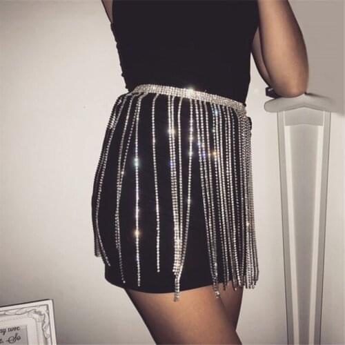 Full Rhinestone Shining Tassels Short Skirt Waist Chain Belly Chains Woman Sexy Cheerleading Geometric Charm Body jewelry Crysta