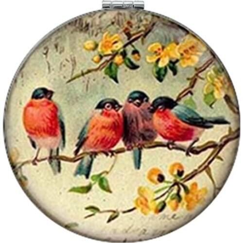 PU Portable Foldable Makeup Mirror Double-sided Beautiful Bird Pattern Leather Pocket Mirror Exquisite Small Gift Mirror Makeup