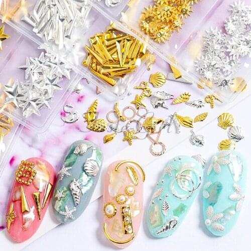 Mixed styles Gold Silver Hollow metal 3d shell nail art decorations alloy charms for nails Accessories Supplies Tools studs