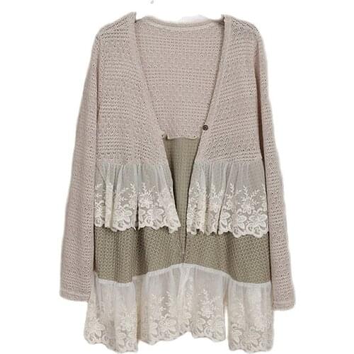 Japanese Mori Girl Bohemian Vintage Retro Sweet Lolita Hippie Boho Lace Ruffle Embroidery Knitted Cardigan Women Autumn Jacket