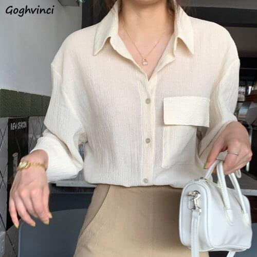 Women Shirts Vintage Simple Elegant French Style Summer Three Quarter Sleeve Turn-down Collar Pockets Solid All-match Office New