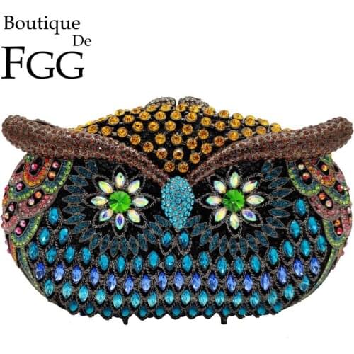 Boutique De FGG Multicolored Women Owl Clutch Evening Bags Cocktail Party Ladies Crystal Minaudiere Handbags Wedding Purses