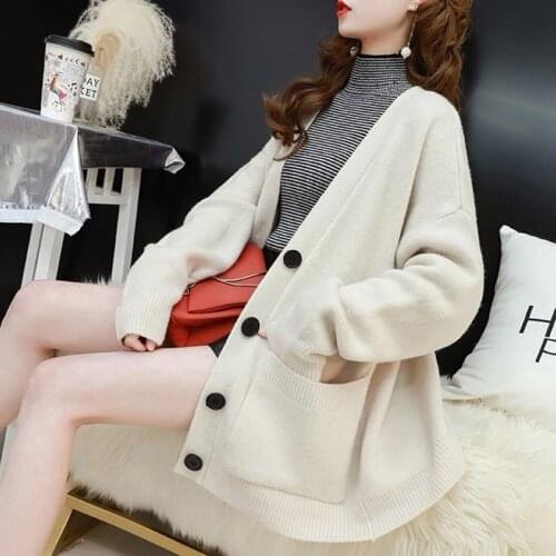 Casual Knitted Cardigan Women Oversized Loose Sweater Lady Button With Pocket Korean Knit Outwear Sweaters Streetwear Beige Blue