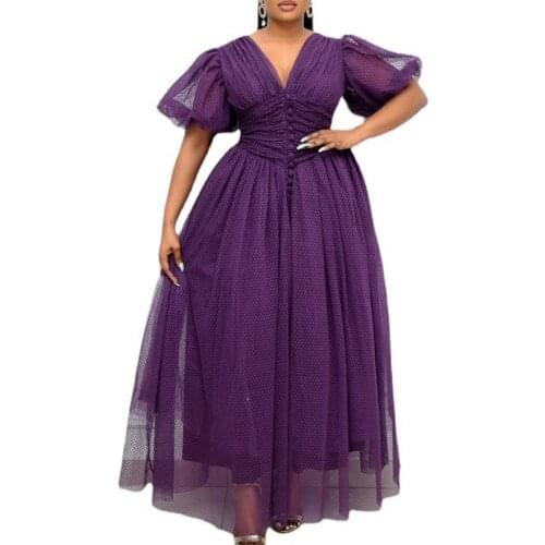 Women Spring Autumn Plus Size Purple Dresses Mesh Patchwork V Neck Short Sleeve Solid Color Large Hem Waist Tied Formal Dress