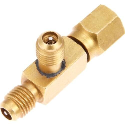 1x Brass Tee Adapter Converter 1/4" Male And Female SAE Flare Swivel Connector W/ Valves Core Auto Air-conditioning Installation
