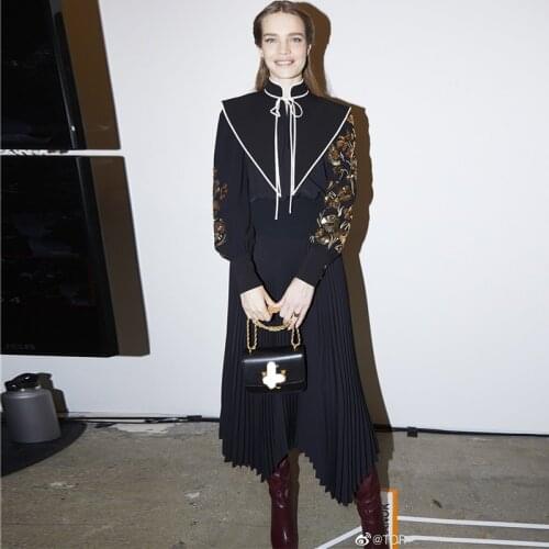 2021 spring autumn asymmetrical dresses women pleated embroidery beading dress black Gothic dress