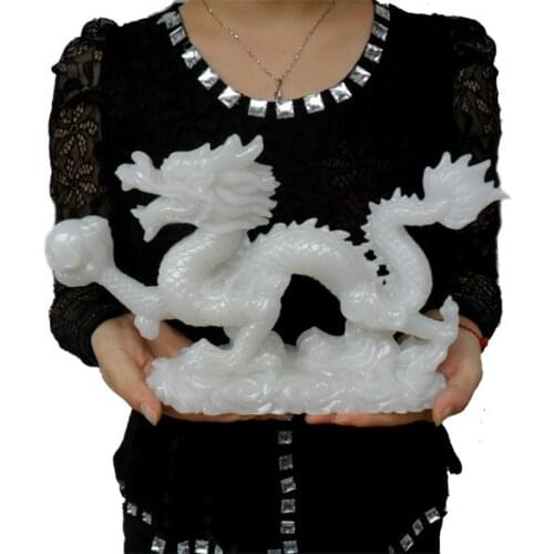 32CM # HOME OFFICE COMPANY SHOP EFFICACIOUS FENG SHUI TALISMAN INVITING MONEY WHITE JADE SCULPTURE AUSPICIOUS DRAGON STATUE