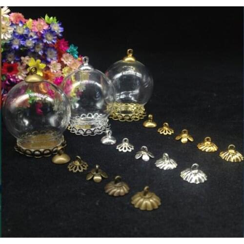5sets/lot 30*20mm open mouth glass vial bubble glass dome double lace tray cap DIY glass vial pendant glass wish bottle necklace