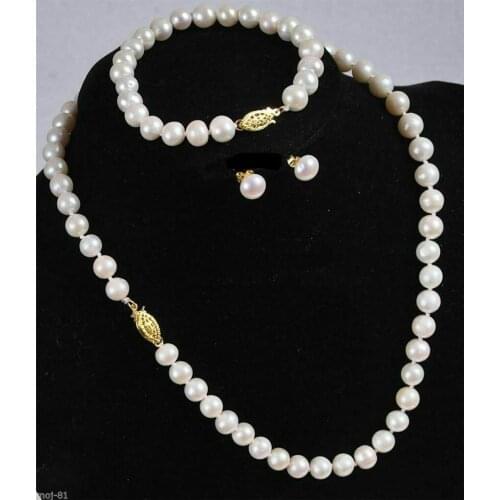 7-8MM White Freshwater Cultured Pearl Necklace Bracelet Earring Set