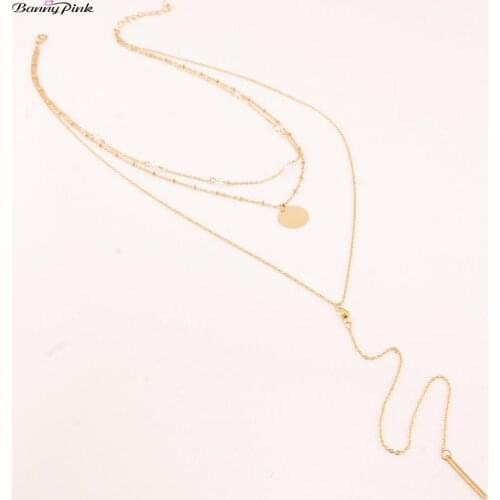Banny Pink Hot Fashion Europen Choker Necklace Simple Multi Layer Gold Body Chain Choker Collar Metal Stick Bar Pendant Clavicle