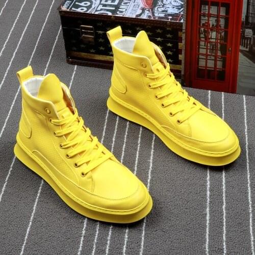 Mens fashion punk hip hop dresses genuine leather boots flats platform shoes yellow white cowboy boot handsome ankle botas male