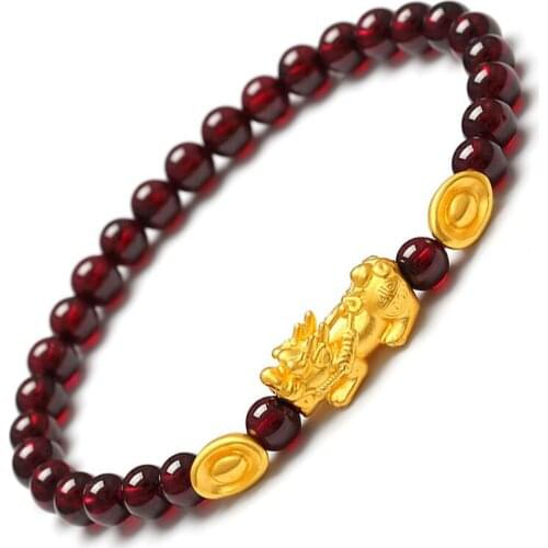 Real 24K Yellow Gold Bracelet 3D Craft Luck Pixiu Yuanbao Bead with Garnet Beads Link Bracelet 6.3inches