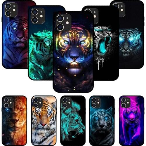 For iPhone 11 12 8 Plus Mini Pro X XR XS Max 4 5 7 6 6S 8 SE Phone Case Black Cover Shell Soft Prime Animal Tiger Lion